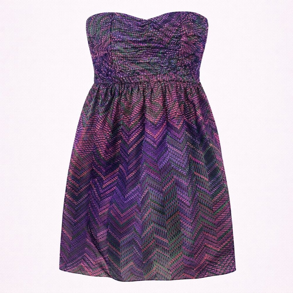 Shoshanna Purple Chevron Zigzag Strapless Mini Dress Ruched Sweetheart Size 6
